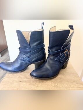 Freebird Saint Navy Leather Wrap-Strap Ankle Booties